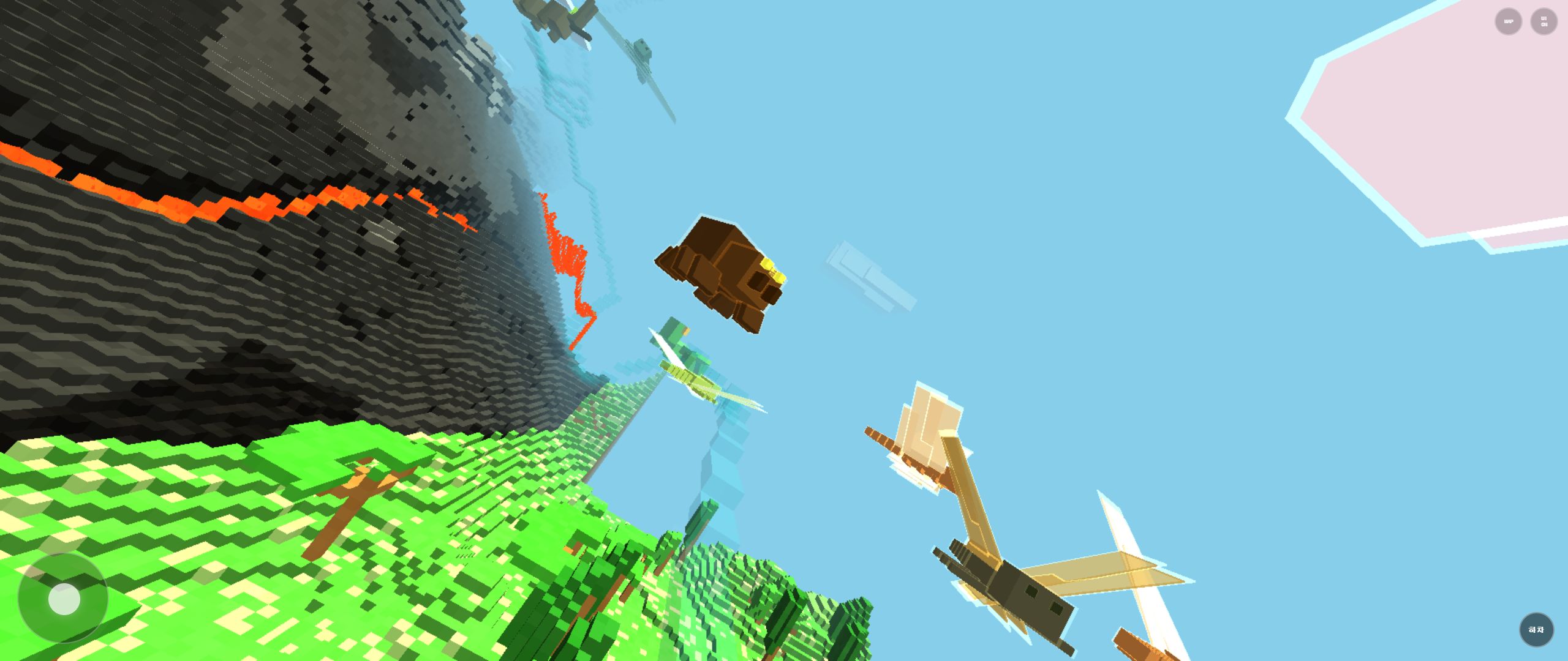 Rail Planet Iceland Volcano gameplay with dark slopes, lava, green lowland, and airborne objects