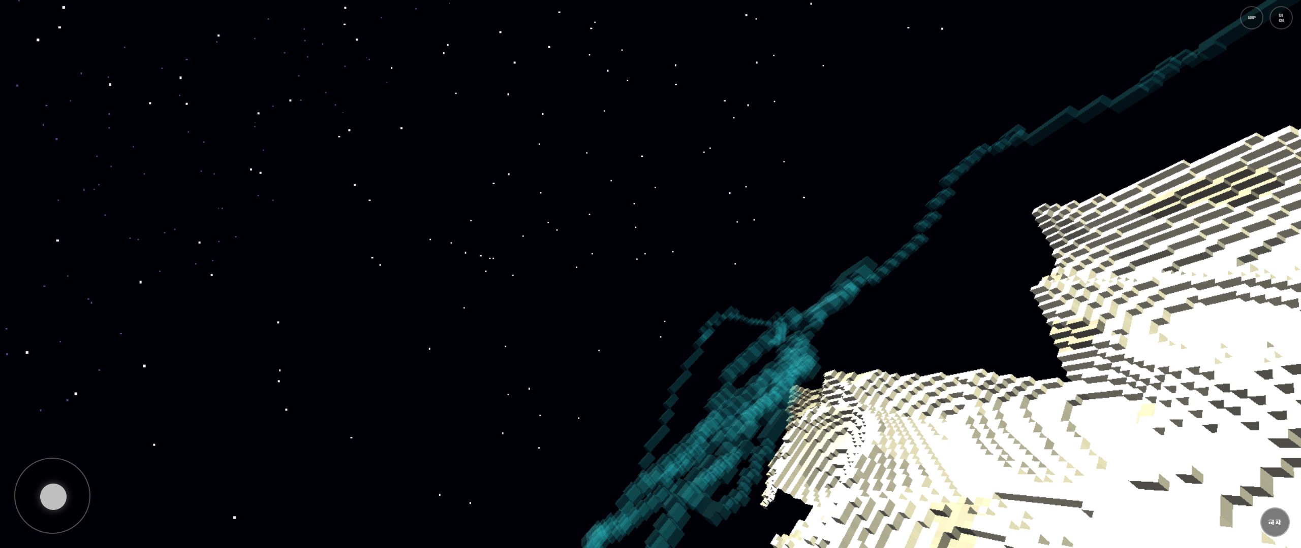 Rail Planet Moon Crater gameplay with pale voxel ridges, a rail, and a black star field